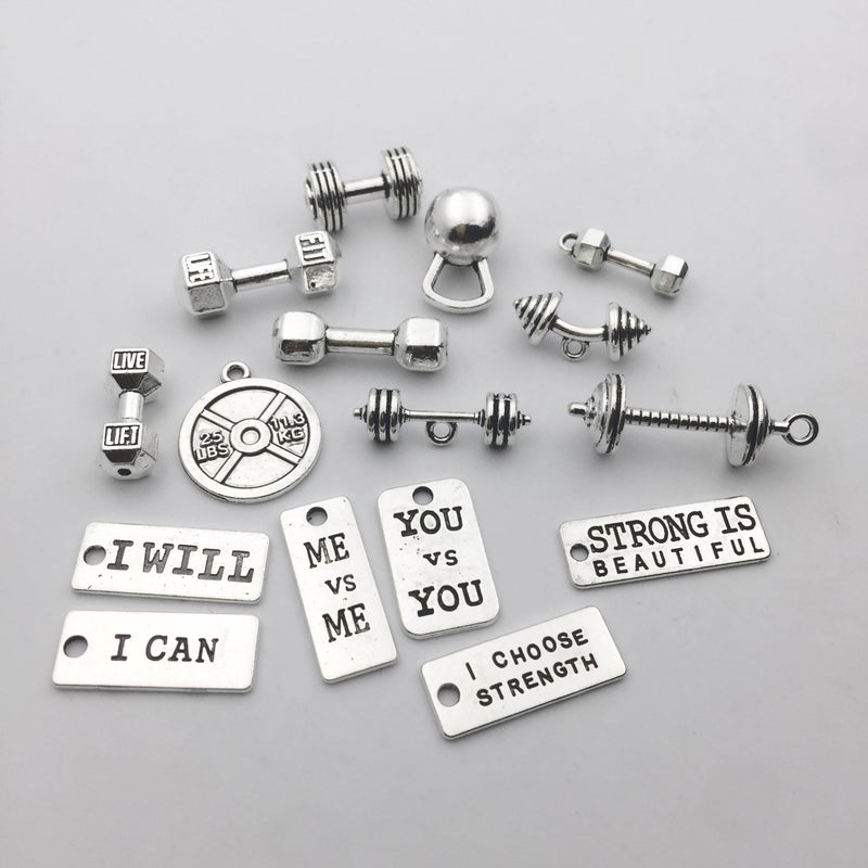 iloveDIYbeads Sports Charms-100g (about 32pcs) Strength Tags Kettle bell dumbbell barbell weight mix charms Sport charm Fit DIY Fitness Necklace Jewelry Making (M039) - Image 4